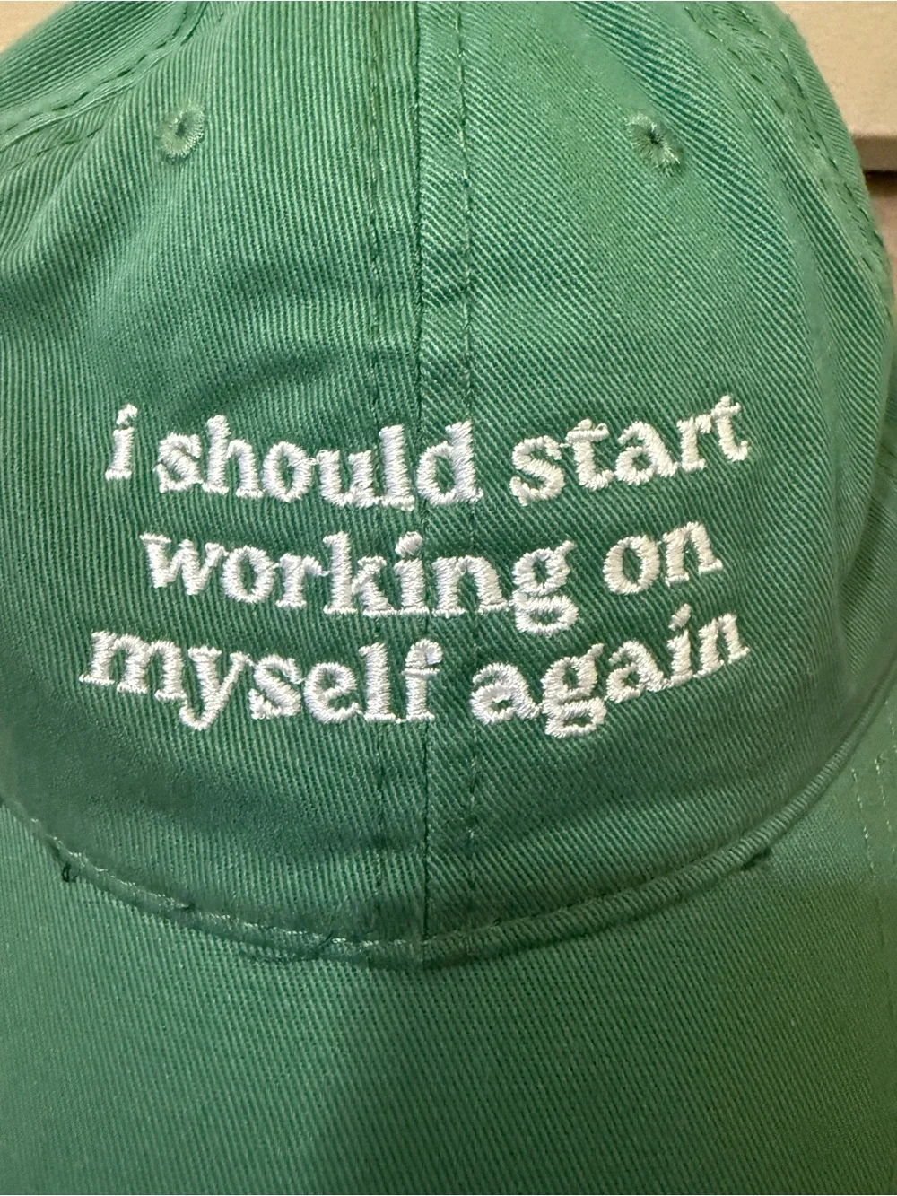 Green Embroidered 'I Should Start Working On Myself Again' Baseball Cap